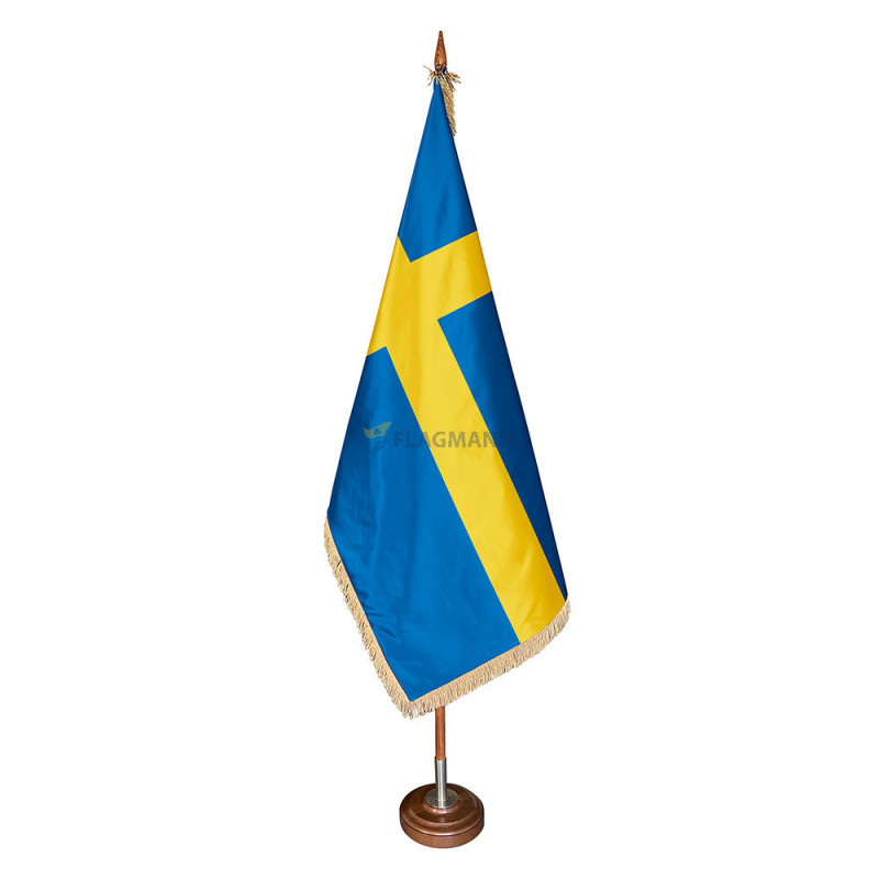 Zviedrijas karogs ar bārkstīm, zīdaini spīdīgs Zviedrijas karogs ar bārkstīm, zīdaini spīdīgs